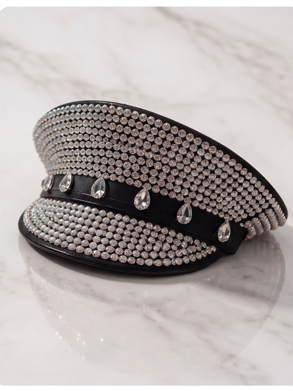 Black Rhinestone-Embellished Military Cap